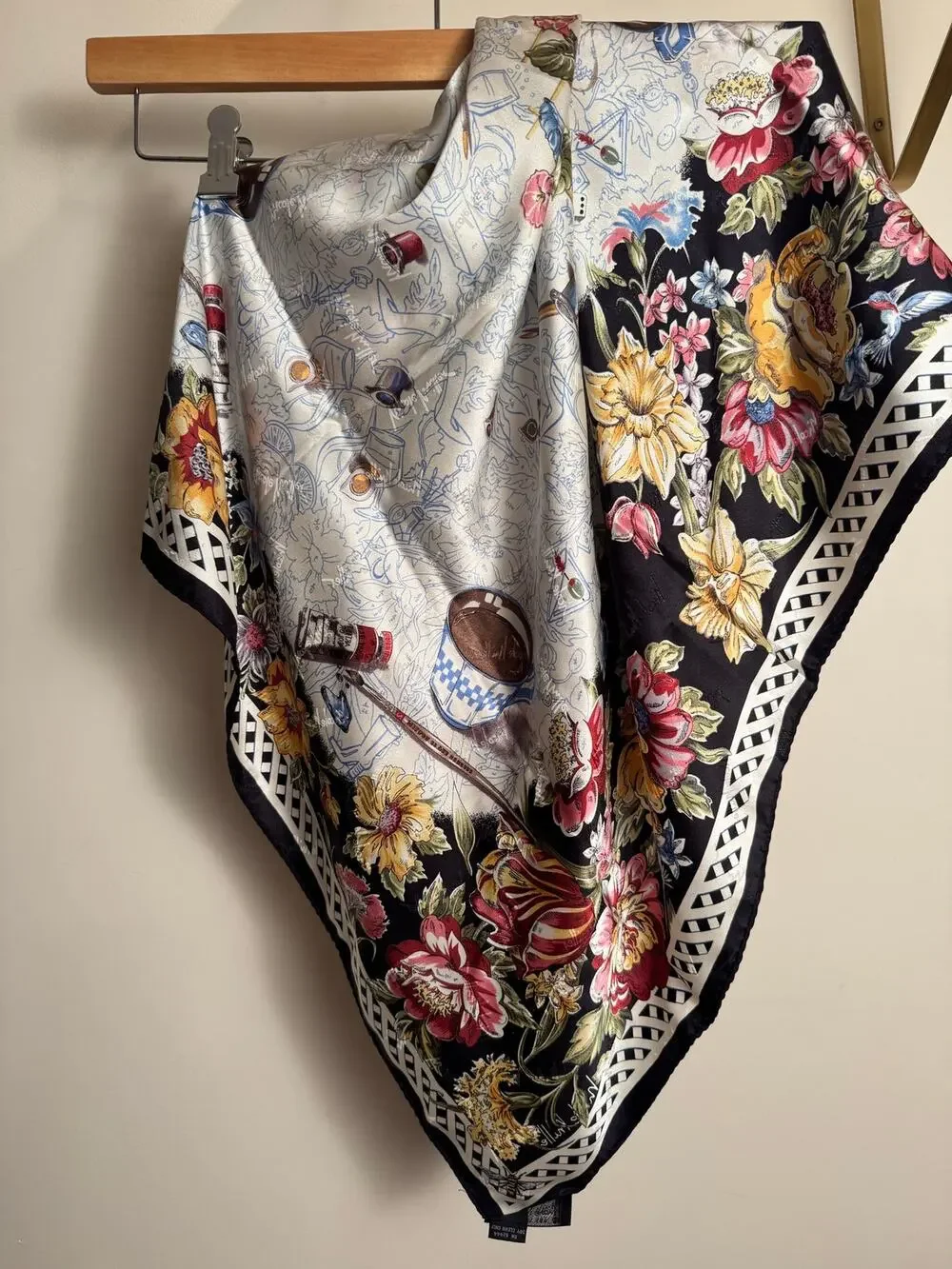 100% Korean Silk Vintage Nicole Miller Scarf In Quirky Paint-By-Number Print